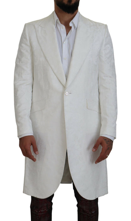 White Floral Brocade Trench Coat Jacket
